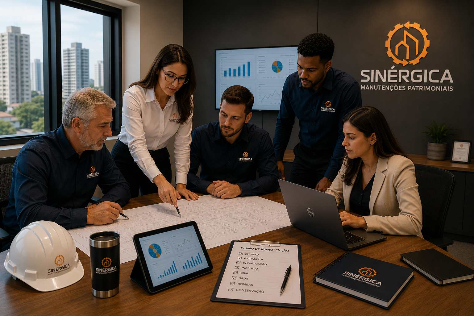 Equipe Sinérgica revisando planos de manutenção predial